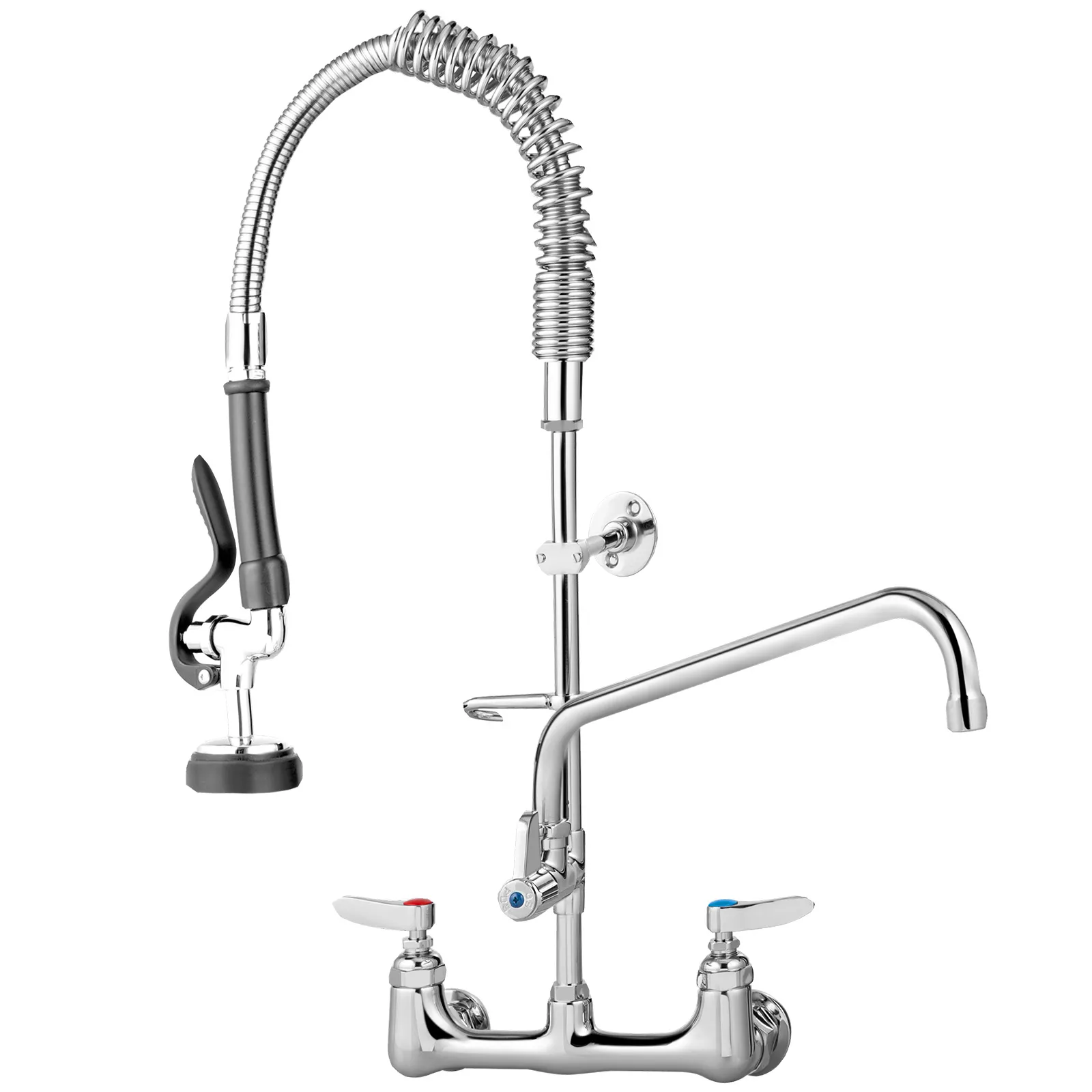 VEVOR commercial faucet with dual handles, flexible hose, and wall mount.