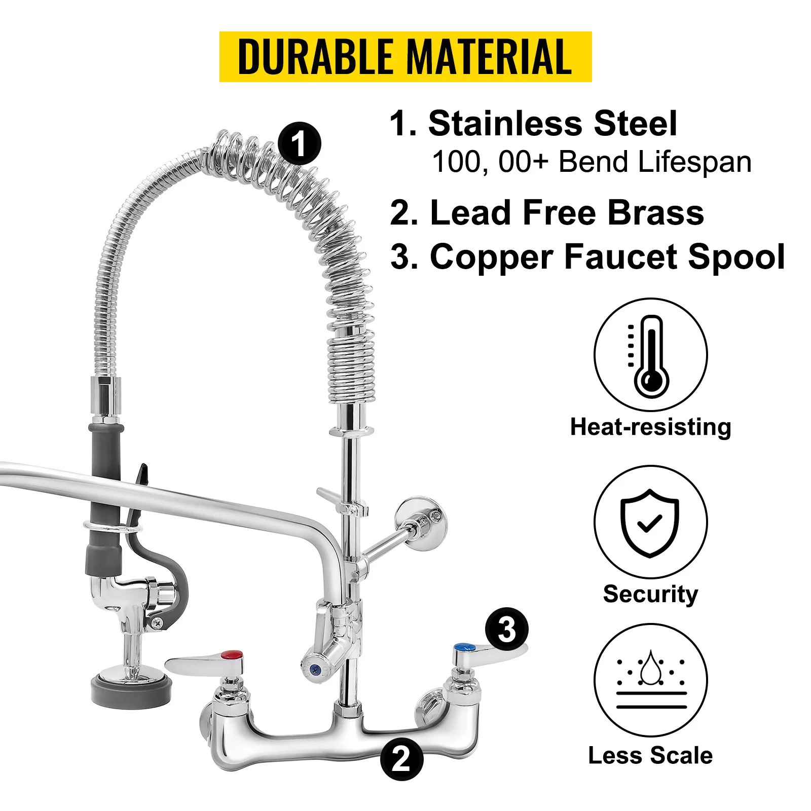 VEVOR commercial faucet with durable stainless steel, lead-free brass, and copper spool components.