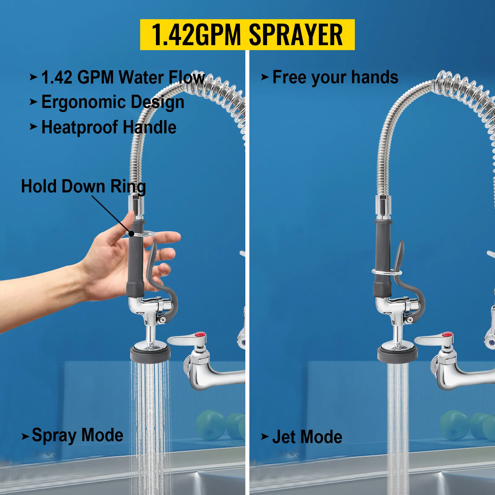 VEVOR commercial faucet with 1.42gpm sprayer in spray and jet modes, featuring ergonomic, heatproof design.
