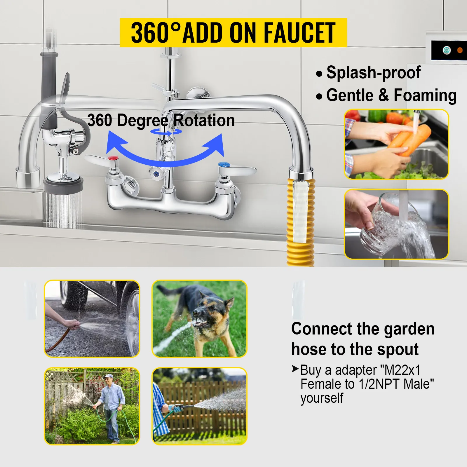 VEVOR commercial faucet with 360° rotation, splash-proof, gentle foaming; connects to garden hose for multipurpose use.