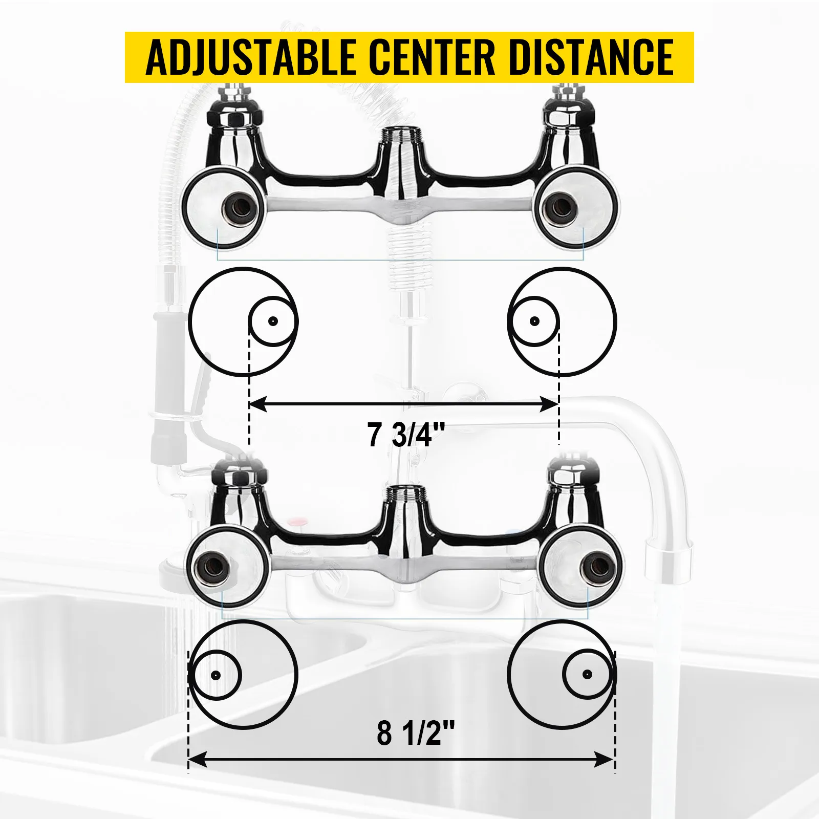 VEVOR commercial faucet with adjustable center distance between 7 3/4" and 8 1/2" above kitchen sink.