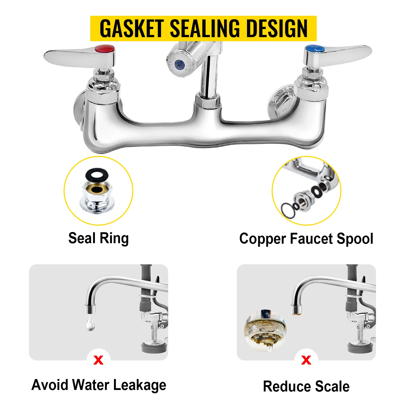 VEVOR commercial faucet with gasket sealing design, seal ring, copper faucet spool to avoid water leakage.