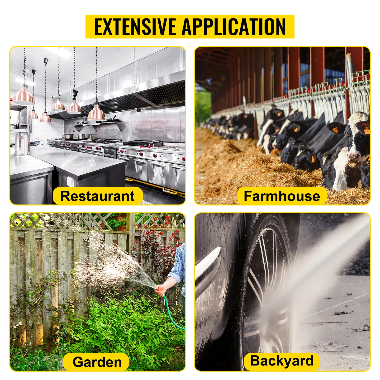 extensive application of VEVOR commercial faucet in restaurants, farmhouses, gardens, and backyards.