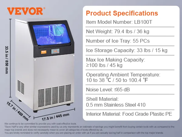 Especificaciones de la máquina de hielo comercial VEVOR: lb100t, 100 lb/día, 33 lb de almacenamiento, acero inoxidable de 0,5 mm, con accesorios.