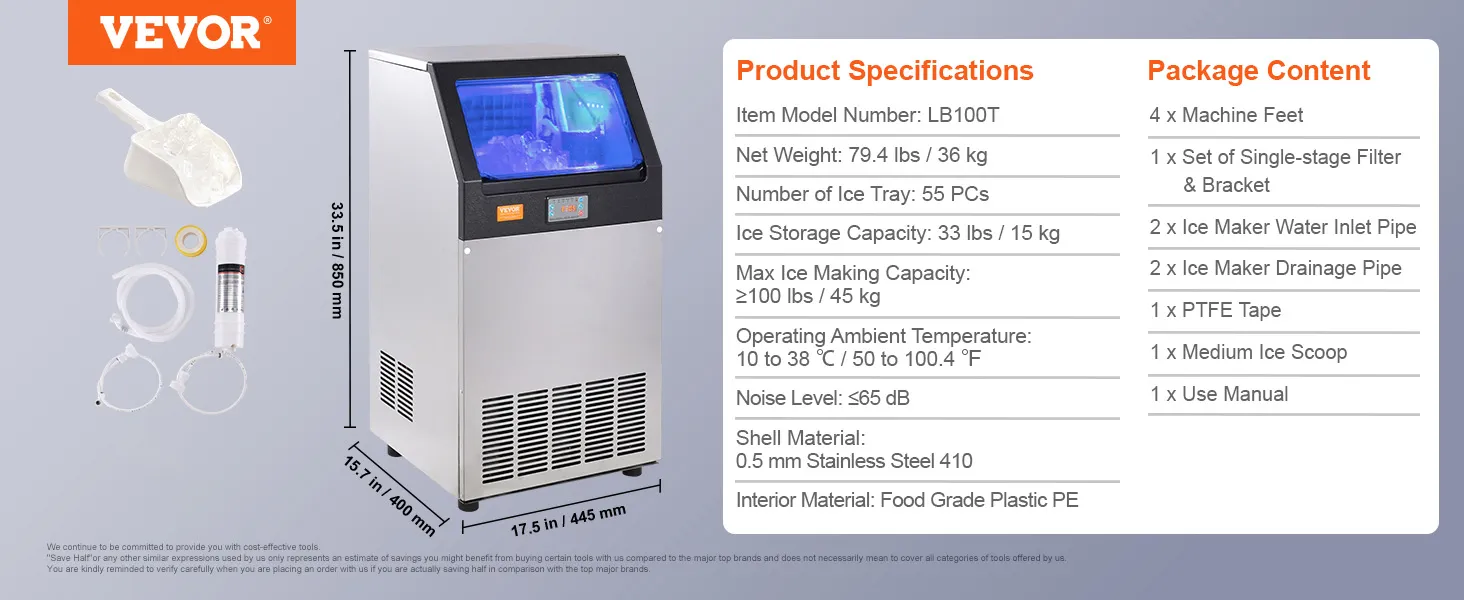 Especificaciones de la máquina de hielo comercial VEVOR: lb100t, 100 lb/día, 33 lb de almacenamiento, acero inoxidable de 0,5 mm, con accesorios.