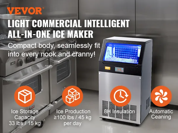 Máquina de hielo comercial VEVOR en una cocina moderna, diseño eficiente, compacto, con limpieza automática y gran capacidad de producción.