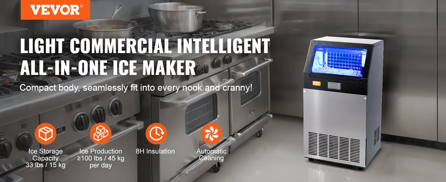 Máquina de hielo comercial VEVOR en una cocina moderna, diseño eficiente, compacto, con limpieza automática y gran capacidad de producción.