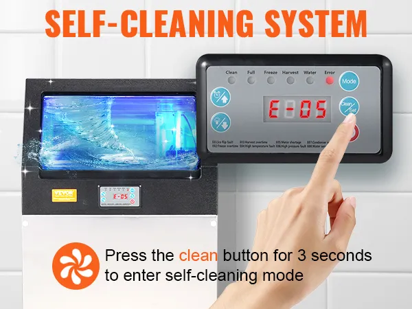 Sistema de autolimpieza de la máquina de hielo comercial VEVOR con botón de limpieza y panel de visualización en acción.