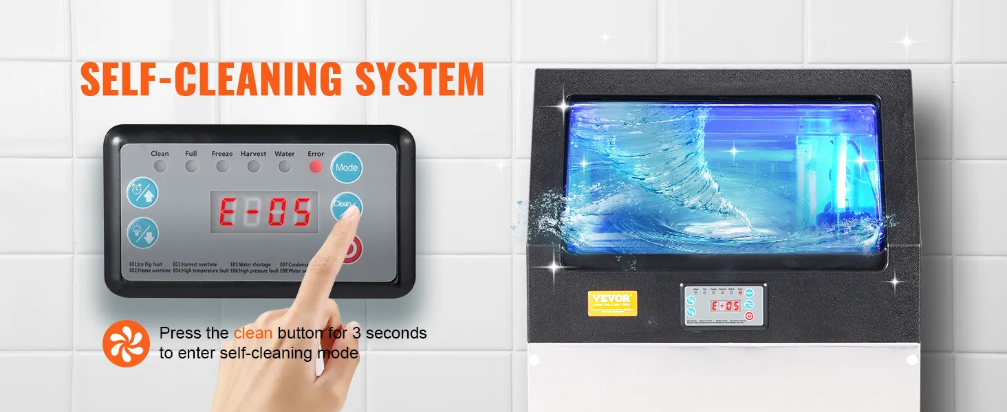 Sistema de autolimpieza de la máquina de hielo comercial VEVOR con botón de limpieza y panel de visualización en acción.