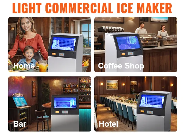 Máquina de hielo comercial VEVOR para uso doméstico, en cafeterías, bares, hoteles y tiendas de bebidas, con almacenamiento de hielo.