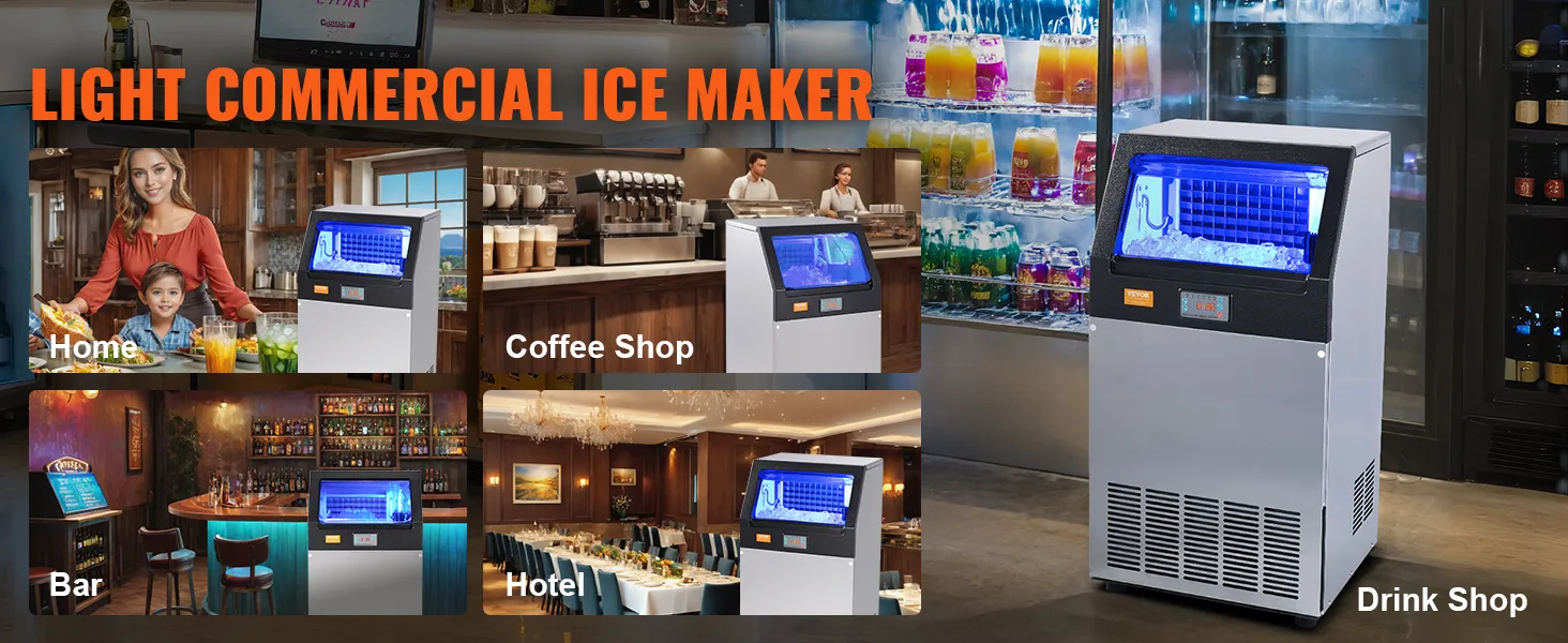 Máquina de hielo comercial VEVOR para uso doméstico, en cafeterías, bares, hoteles y tiendas de bebidas, con almacenamiento de hielo.