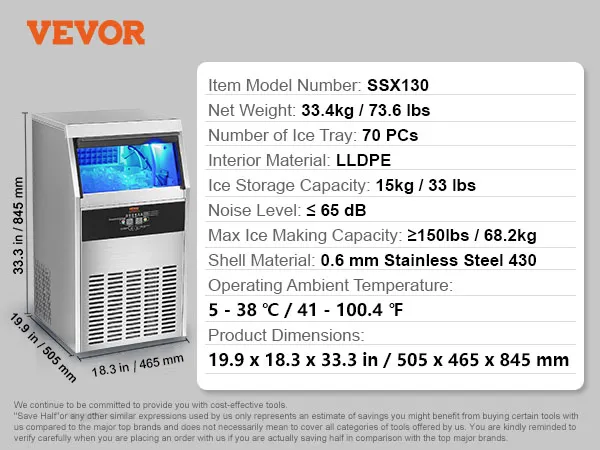 Máquina para fabricar hielo comercial VEVOR con bandeja de hielo de 70 piezas, capacidad de 150 libras y accesorios que incluyen filtro de agua y pala para hielo.