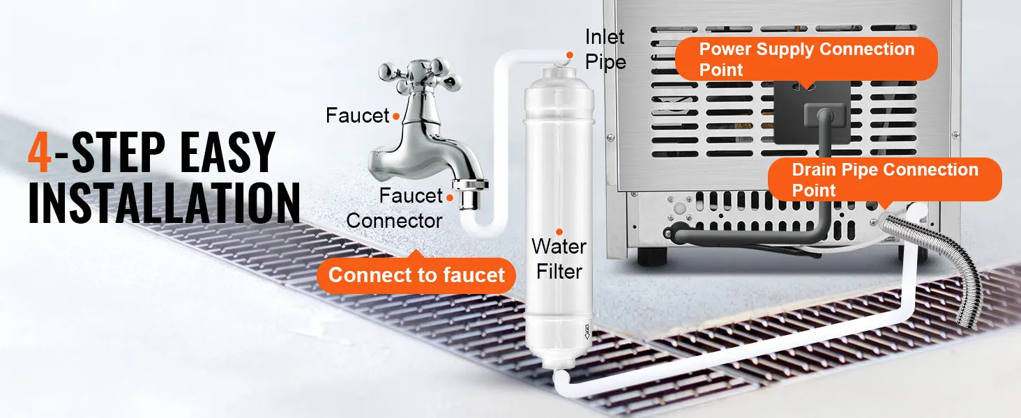 Guía de instalación sencilla de 4 pasos para máquina de hielo comercial VEVOR con grifo, conector, filtro de agua y tuberías.