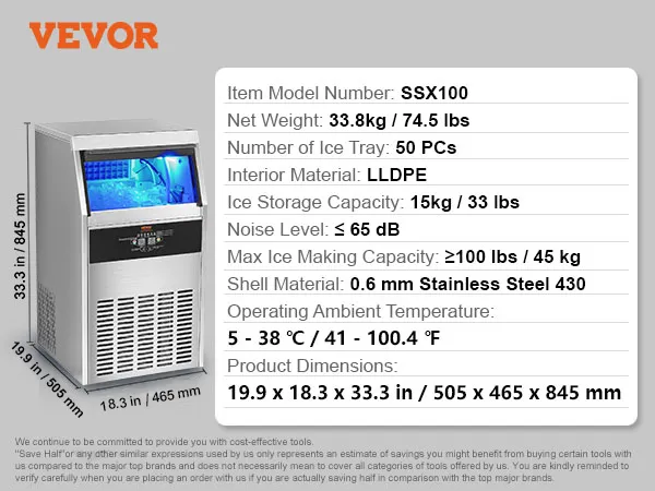 VEVOR commerciële ijsblokjesmachine, model ssx100, roestvrij staal, opslagcapaciteit 15 kg, afmetingen 33,3 x 19,9 x 18,3 inch.
