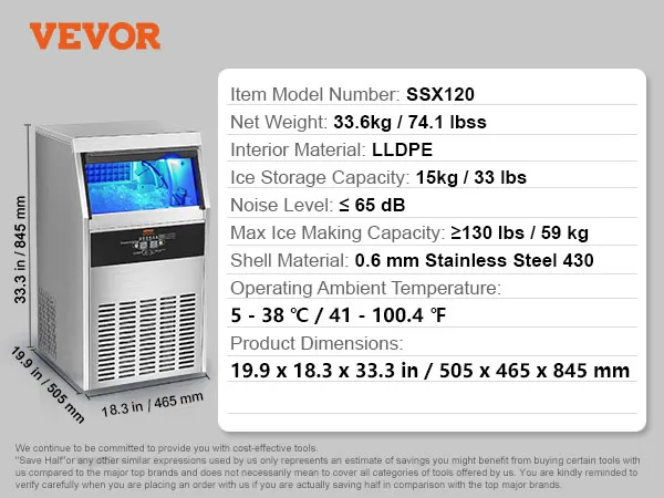 Máquina para fabricar hielo comercial VEVOR con capacidad para 60 bandejas de hielo, almacenamiento de 15 kg y especificaciones detalladas del modelo ssx120.