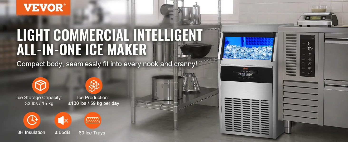 Máquina de hielo comercial VEVOR en cocina de acero inoxidable. Capacidad de almacenamiento de 33 libras, capacidad de producción de 130 libras/día.
