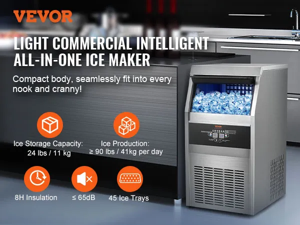 Commerciële VEVOR-ijsmachine in een moderne keuken met 24 lbs opslag, 90 lbs dagelijkse productie en 45 trays.