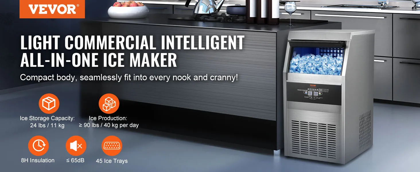 Commerciële VEVOR-ijsmachine in een moderne keuken met 24 lbs opslag, 90 lbs dagelijkse productie en 45 trays.