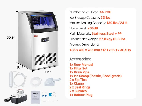 Máquina para fabricar hielo comercial VEVOR con especificaciones y contenido del paquete destacados.