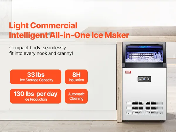Máquina de hielo comercial VEVOR en una cocina de acero inoxidable, que muestra la producción de hielo, el almacenamiento y las funciones de limpieza automática.