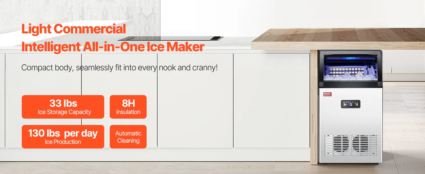 Máquina de hielo comercial VEVOR en una cocina de acero inoxidable, que muestra la producción de hielo, el almacenamiento y las funciones de limpieza automática.