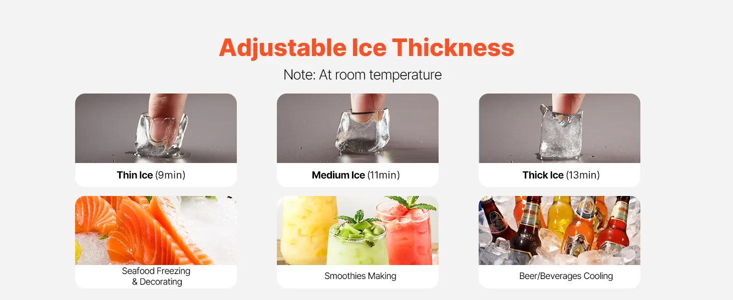Máquina de hielo comercial VEVOR con 55 bandejas de hielo y opciones de espesor de hielo personalizables para diversos usos.
