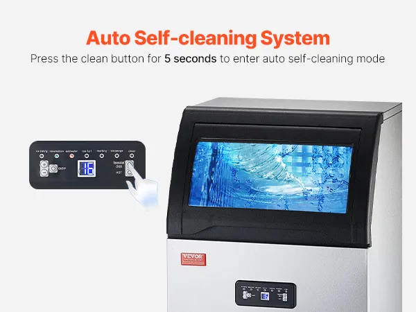 Sistema de autolimpieza para máquina de hielo comercial VEVOR con panel de control y pantalla de flujo de agua.
