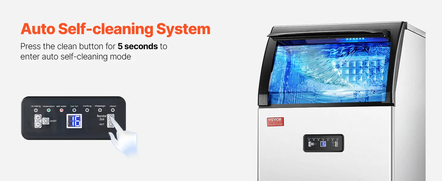 Sistema de autolimpieza para máquina de hielo comercial VEVOR con panel de control y pantalla de flujo de agua.