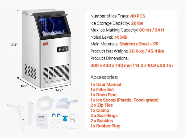 Commerciële VEVOR-ijsmachine met een opslagcapaciteit van 27,5 lbs, een capaciteit van 80 lbs/dag en een lijst met de inhoud van de verpakking.