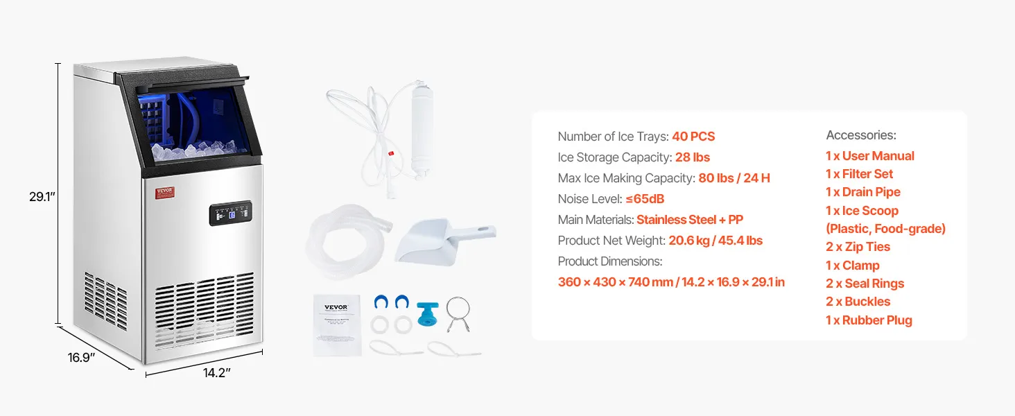 Commerciële VEVOR-ijsmachine met een opslagcapaciteit van 27,5 lbs, een capaciteit van 80 lbs/dag en een lijst met de inhoud van de verpakking.