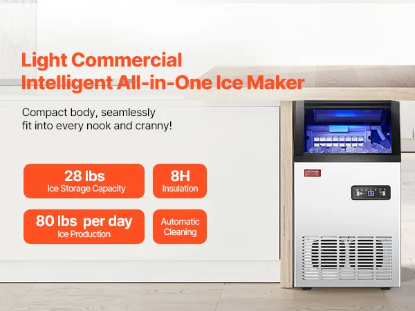 Commerciële VEVOR-ijsmachine in een roestvrijstalen keuken, met ijsopslag, automatische reiniging en isolatie.