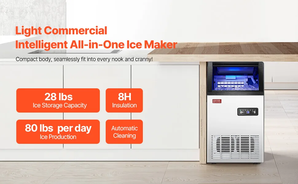 VEVOR Commercial Ice Maker, 80lbs/24H, Ice Maker Machine, 40 Ice Cubes in 12-15 Minutes, Freestanding Cabinet Ice Maker with 15lbs Storage Capacity LED Digital Display, for Bar Home Office Restaurant