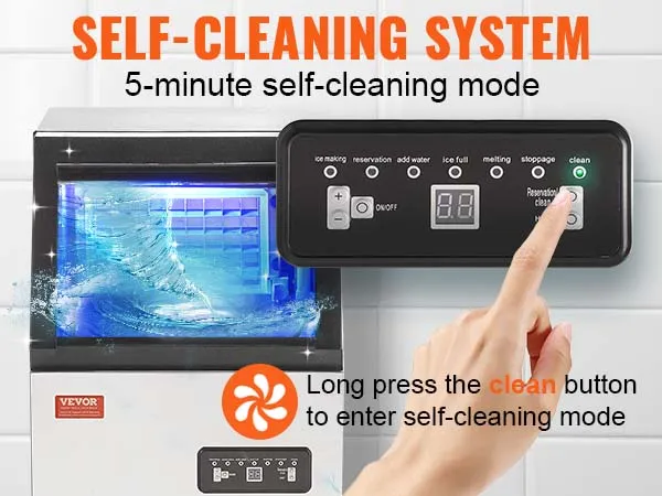 VEVOR commerciële ijsblokjesmachine met instructiepaneel voor zelfreinigend systeem, handmatige reinigingsknop.