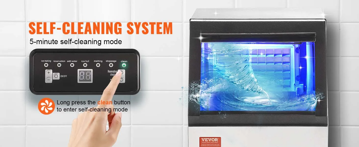 VEVOR commerciële ijsblokjesmachine met instructiepaneel voor zelfreinigend systeem, handmatige reinigingsknop.