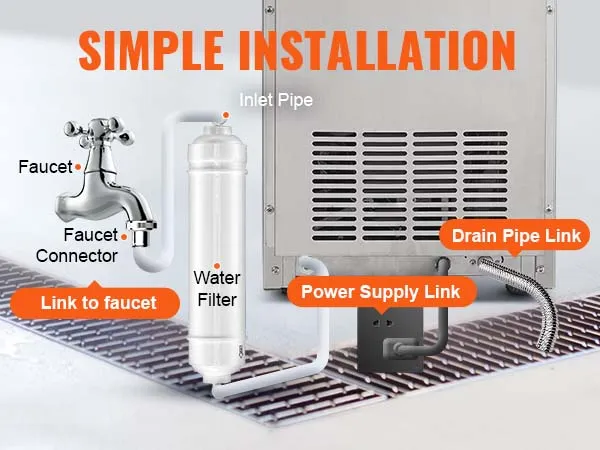 Installatie van VEVOR commerciële ijsblokjesmachine: kraan, waterfilter en aansluitingen voor afvoer en stroom.