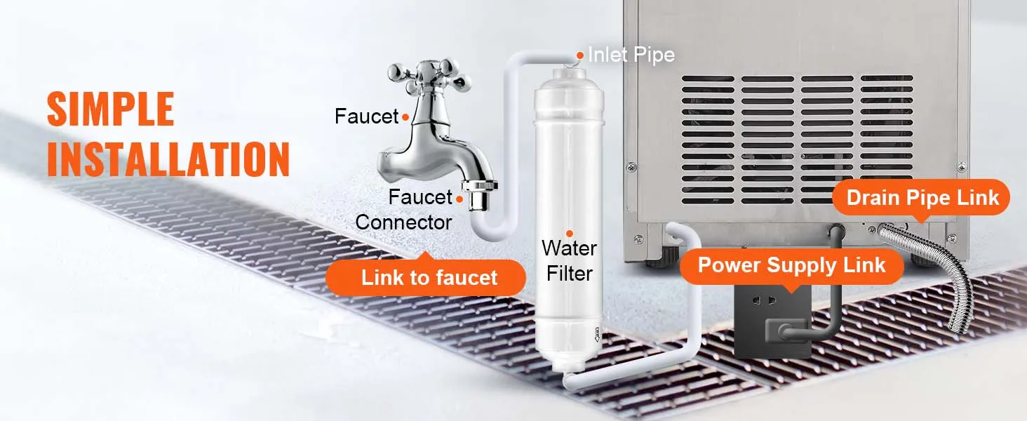 Installatie van VEVOR commerciële ijsblokjesmachine: kraan, waterfilter en aansluitingen voor afvoer en stroom.