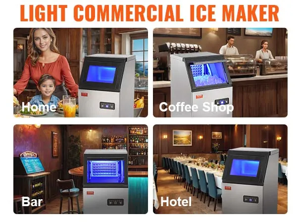 VEVOR commerciële ijsblokjesmachine voor thuis, in koffiehuizen, bars, hotels en drankwinkels met led-display.