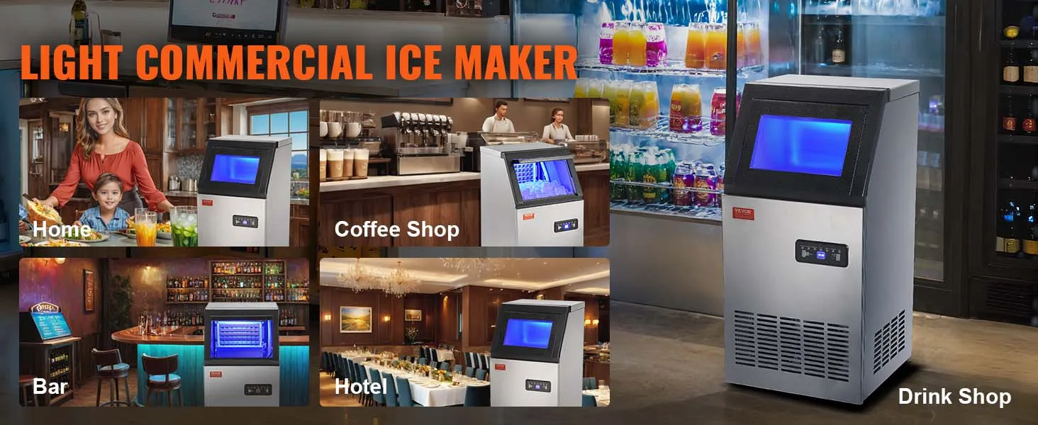 VEVOR commerciële ijsblokjesmachine voor thuis, in koffiehuizen, bars, hotels en drankwinkels met led-display.