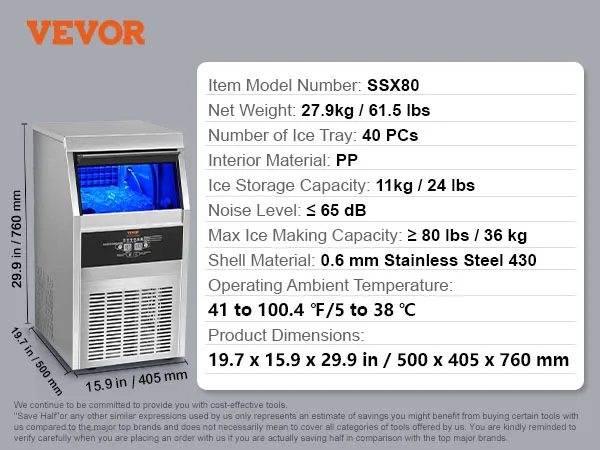 VEVOR commerciële ijsmachine ssx80 met schep, filter, afvoerbuis, roestvrij staal, capaciteit van 80 lbs/dag.