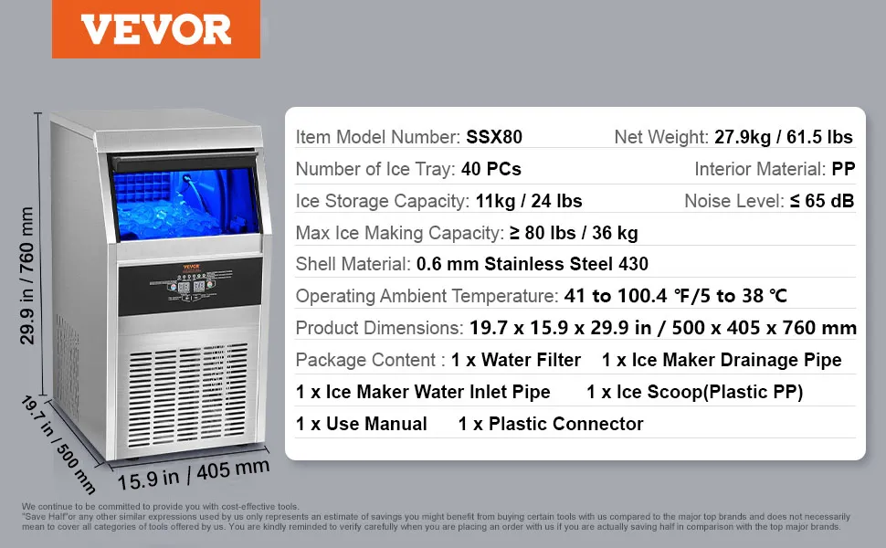 VEVOR 110V Commercial Ice Maker Machine 265lbs/24h, 750W Stainless Steel Ice Machine With 55lbs Storage Capacity, 126 Ice Cubes
