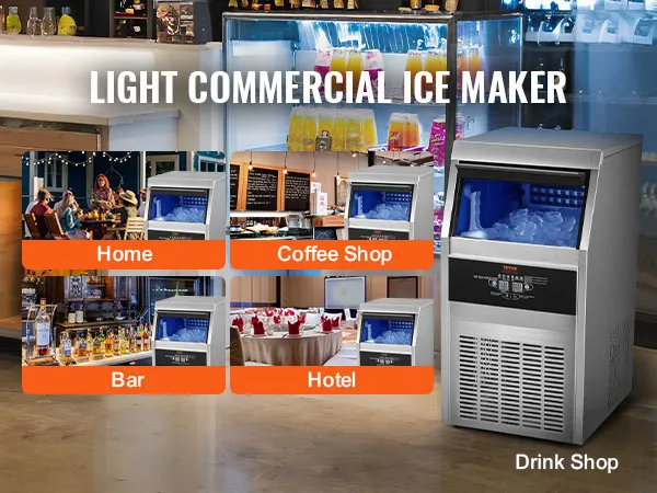 De commerciële ijsblokjesmachine van VEVOR wordt gebruikt in huizen, cafés, bars, hotels en drankgelegenheden.