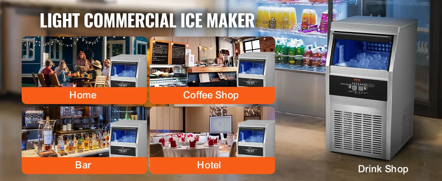 De commerciële ijsblokjesmachine van VEVOR wordt gebruikt in huizen, cafés, bars, hotels en drankgelegenheden.
