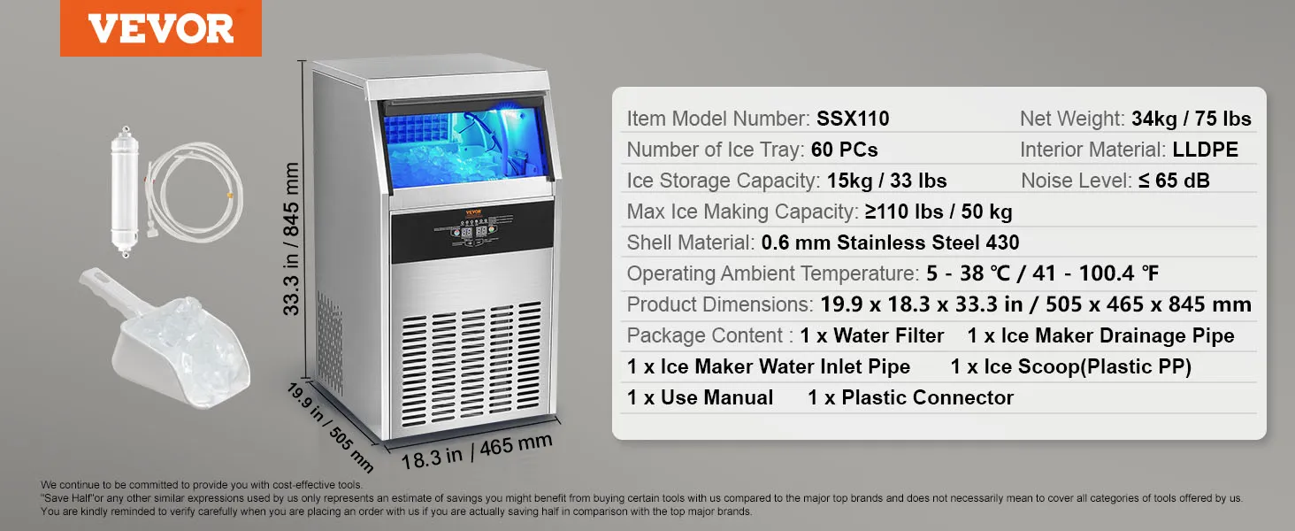 Máquina de hielo comercial VEVOR con 60 bandejas de hielo, almacenamiento de 33 libras, acero inoxidable y accesorios.