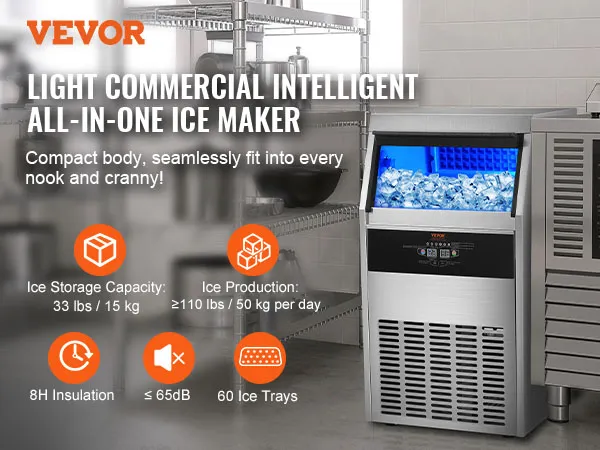 Máquina de hielo comercial VEVOR en una cocina elegante, que ofrece 33 libras de almacenamiento y 110 libras de producción por día.