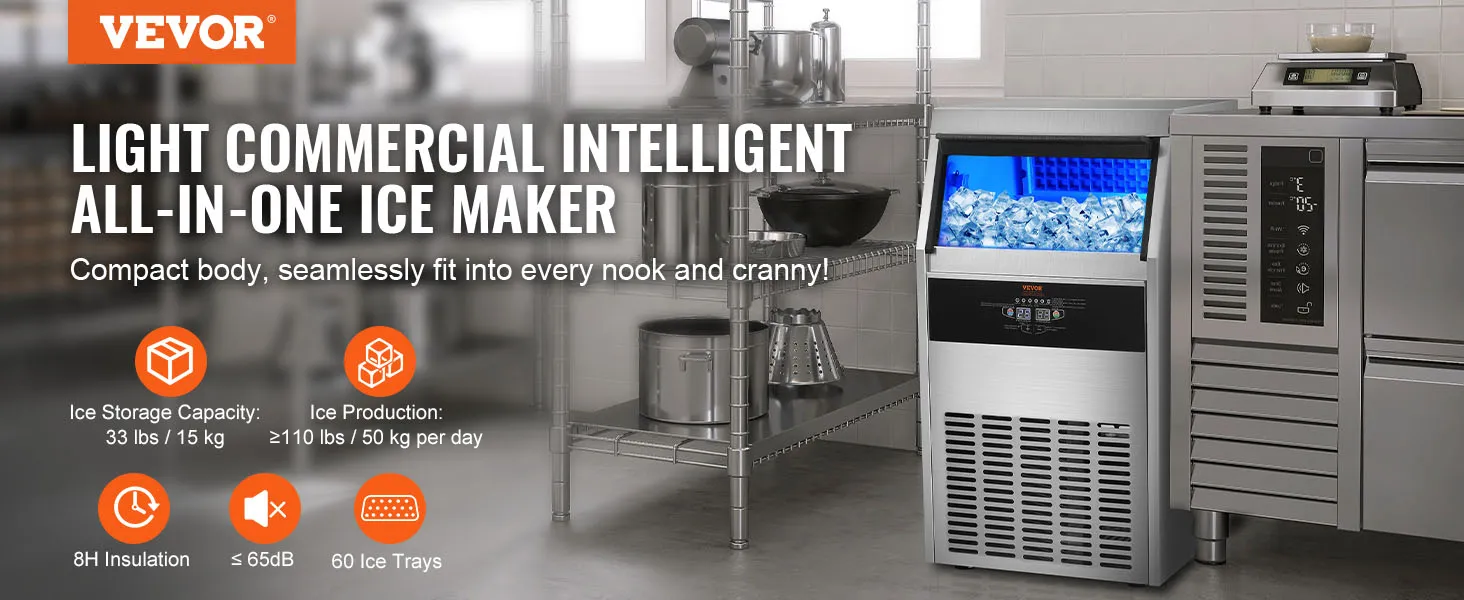 Máquina de hielo comercial VEVOR en una cocina elegante, que ofrece 33 libras de almacenamiento y 110 libras de producción por día.