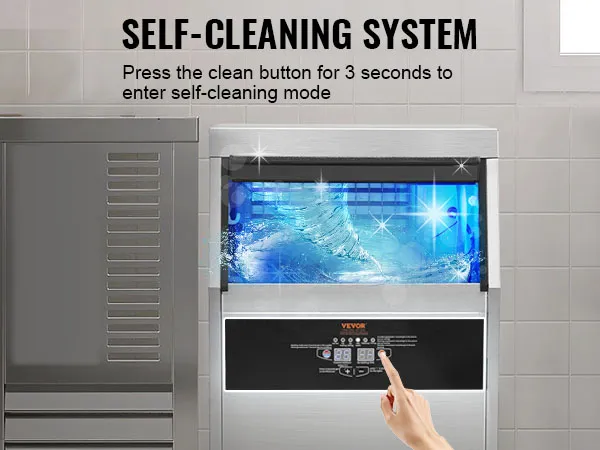 Máquina de hielo comercial VEVOR con sistema de autolimpieza y panel de control en un entorno de cocina.