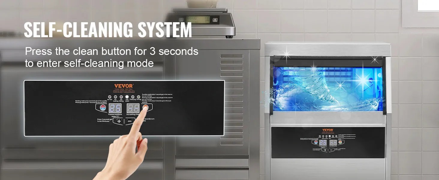 Máquina de hielo comercial VEVOR con sistema de autolimpieza y panel de control en un entorno de cocina.