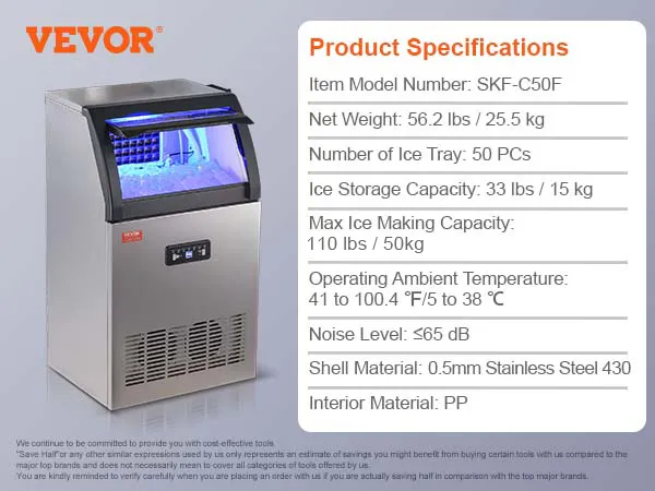 Commerciële ijsblokjesmachine van VEVOR, model skf-c50f, met filter, afvoerbuis, ijslade en gedetailleerde specificaties.