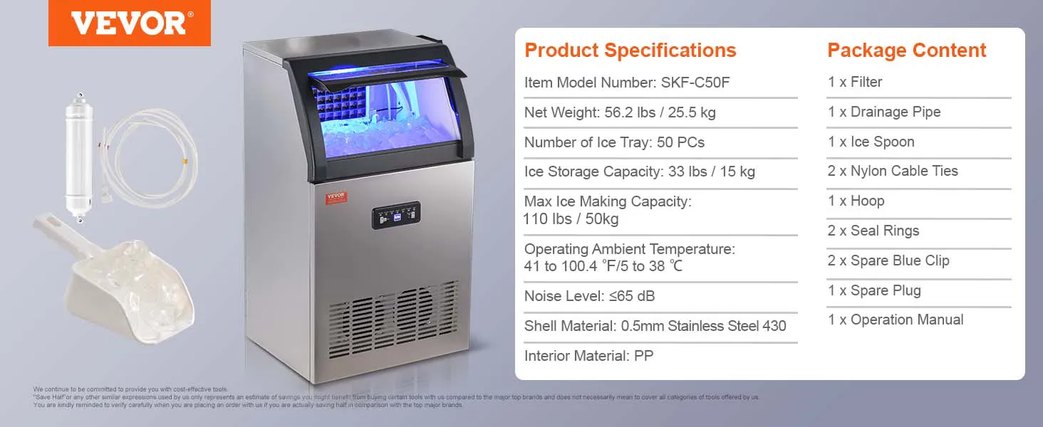 Commerciële ijsblokjesmachine van VEVOR, model skf-c50f, met filter, afvoerbuis, ijslade en gedetailleerde specificaties.