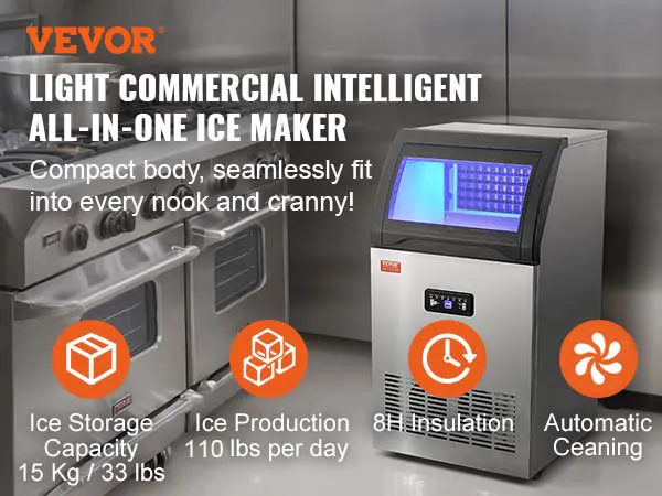 VEVOR commerciële ijsblokjesmachine in een professionele keuken, met aandacht voor opslag, productie, isolatie en reiniging.
